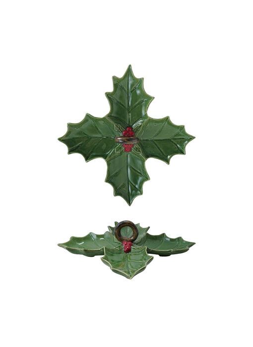 Ceramic Holly Leaf Shaped Dish with 4 Sections & Handle