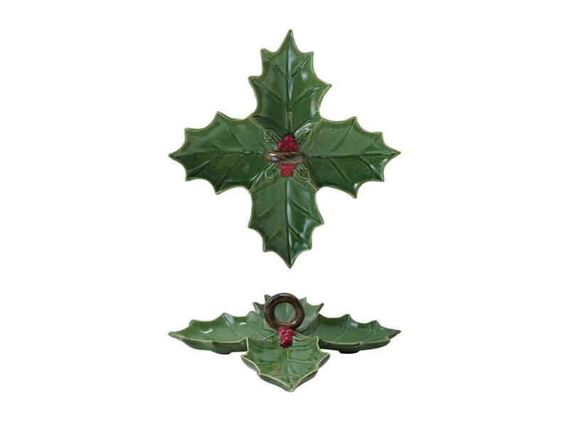 Creative Co-OP Ceramic Holly Leaf Shaped Dish with 4 Sections & Handle