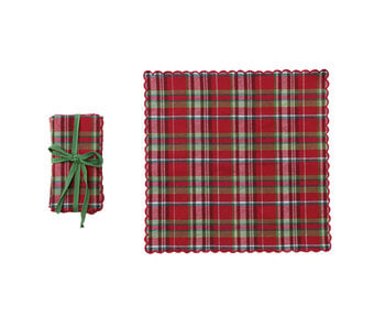 Woven Cotton Scalloped Napkins with Stitched Edges, Set of 4 Tied with Green Cotton Tape