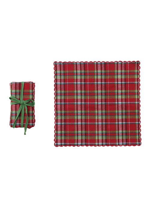 Woven Cotton Scalloped Napkins with Stitched Edges, Set of 4 Tied with Green Cotton Tape