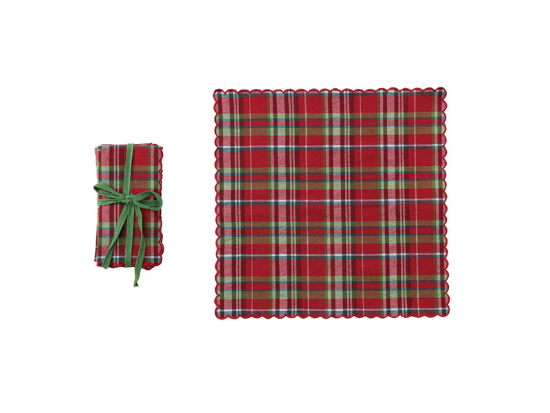 Creative Co-OP Woven Cotton Scalloped Napkins with Stitched Edges, Set of 4 Tied with Green Cotton Tape