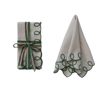 Cotton Scalloped Napkins with Embroidered Edges, Set of 4 Tied with Cotton Tape