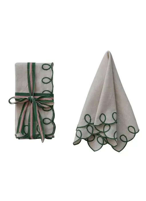 Cotton Scalloped Napkins with Embroidered Edges, Set of 4 Tied with Cotton Tape