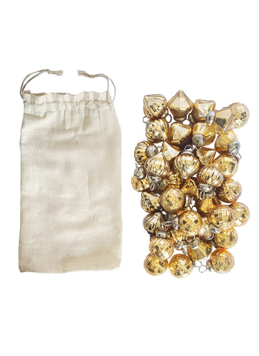 Embossed Mercury Glass Ornaments in Muslin Bag, Gold Finish, Set of 36