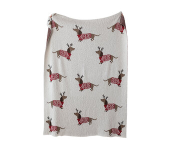Cotton Knit Throw with Daschunds in Antlers & Sweaters, Natural, Red & Brown