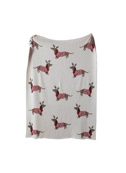 Cotton Knit Throw with Daschunds in Antlers & Sweaters, Natural, Red & Brown