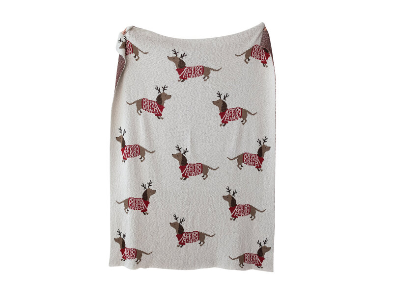 Creative Co-OP Cotton Knit Throw with Daschunds in Antlers & Sweaters, Natural, Red & Brown