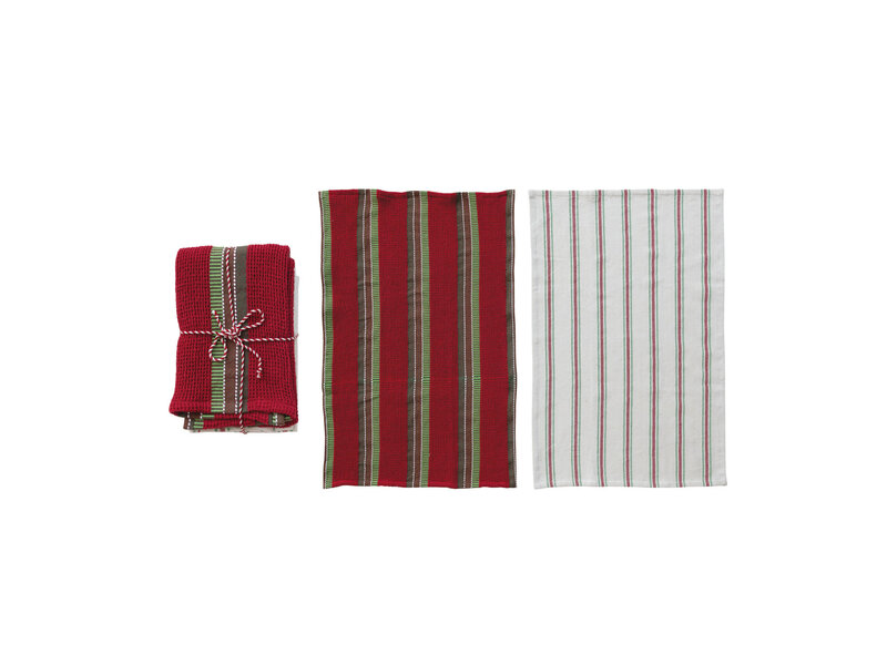 Creative Co-OP Waffle Weave Tea Towels & Mango Wood Cheese/Serving Board, Set of 3 Tied with Cord