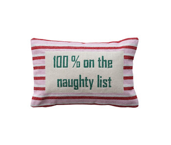 Cotton Embroidered Lumbar Pillow with Stripes "100% On The Naughty List"