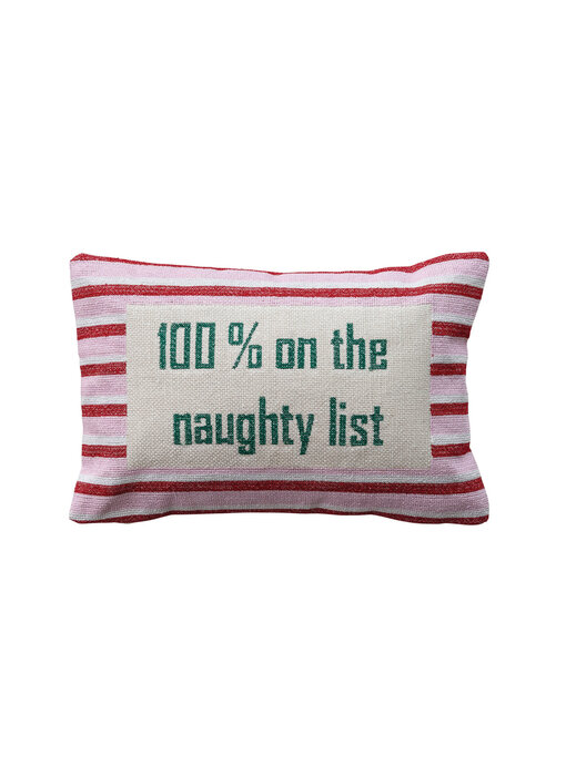 Cotton Embroidered Lumbar Pillow with Stripes "100% On The Naughty List"