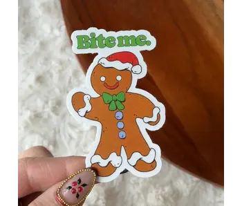 Bite Me Snarky Gingerbread Man Christmas Sticker