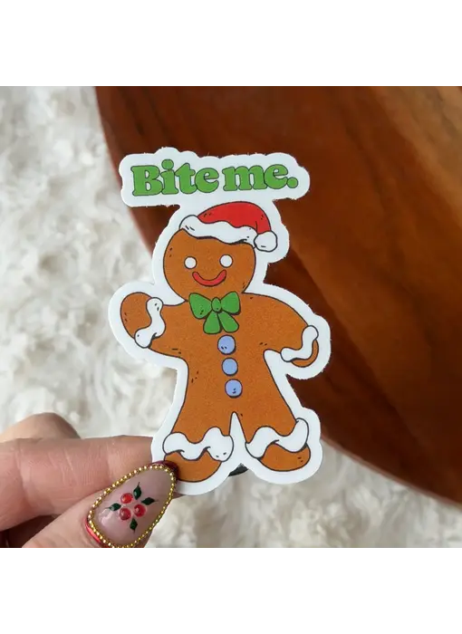 Bite Me Snarky Gingerbread Man Christmas Sticker