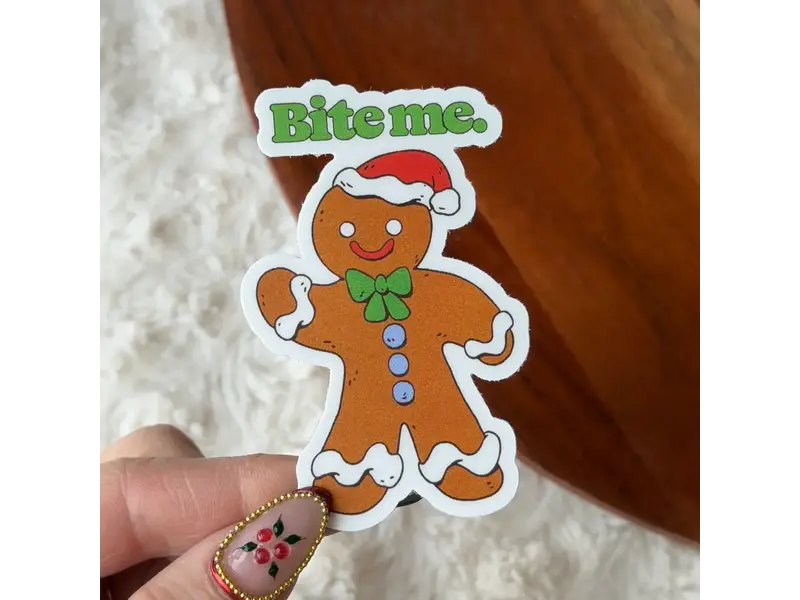 Big Moods Bite Me Snarky Gingerbread Man Christmas Sticker