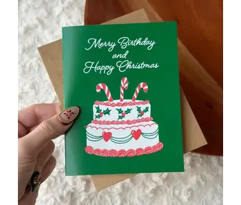 Merry Birthday and Happy Christmas Cake Card