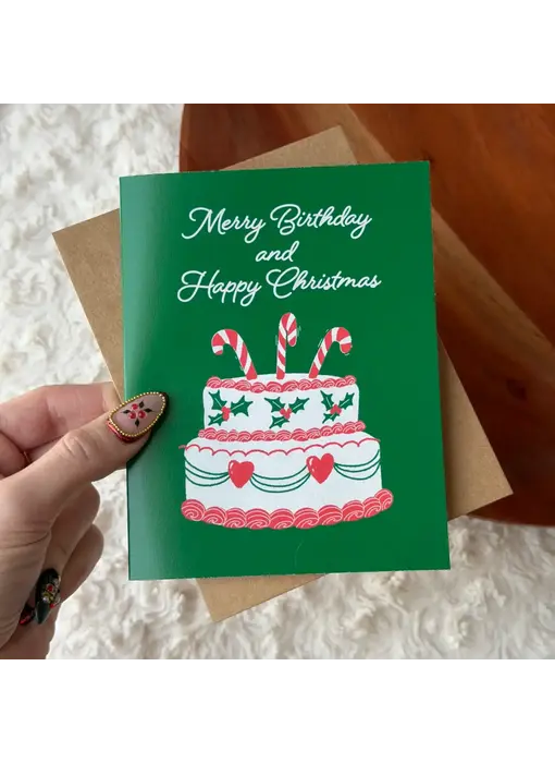 Merry Birthday and Happy Christmas Cake Card