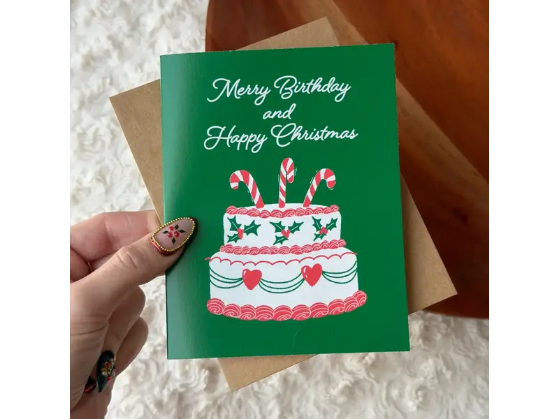 Merry Birthday and Happy Christmas Cake Card