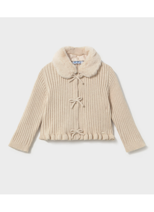 Cardigan with Faux Fur Collar - Milk Heather