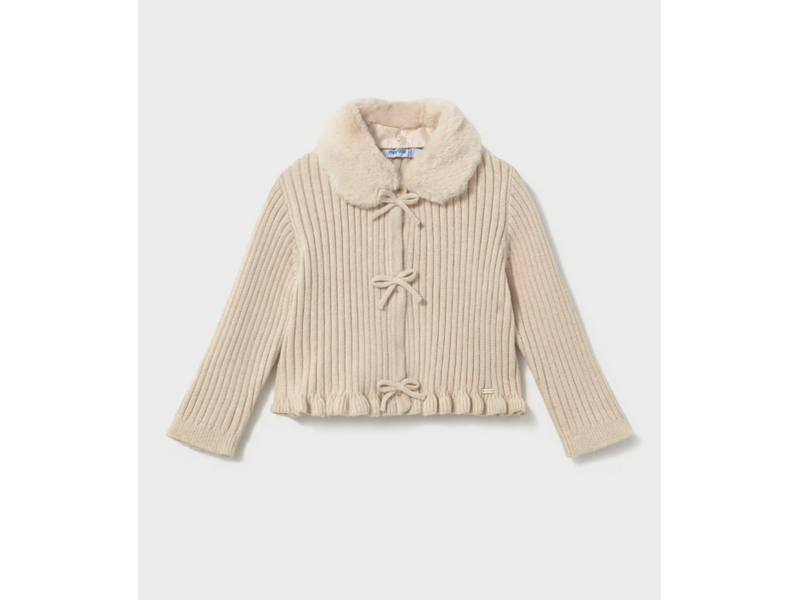 Mayoral Cardigan with Faux Fur Collar - Milk Heather