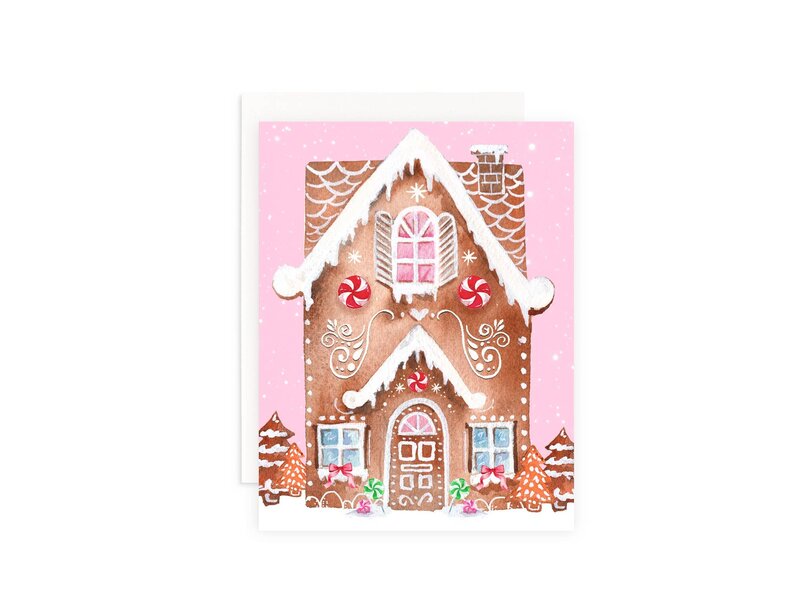 Cami Monet Pink Gingerbread House Christmas Greeting Card