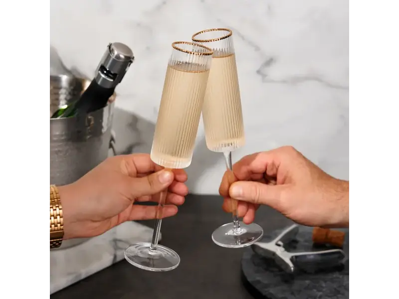 Viski Gold Rimmed Meridian Crystal Champagne Flutes, Set of 2