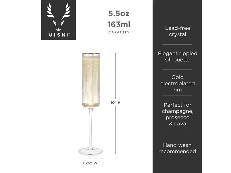 Viski Gold Rimmed Meridian Crystal Champagne Flutes, Set of 2