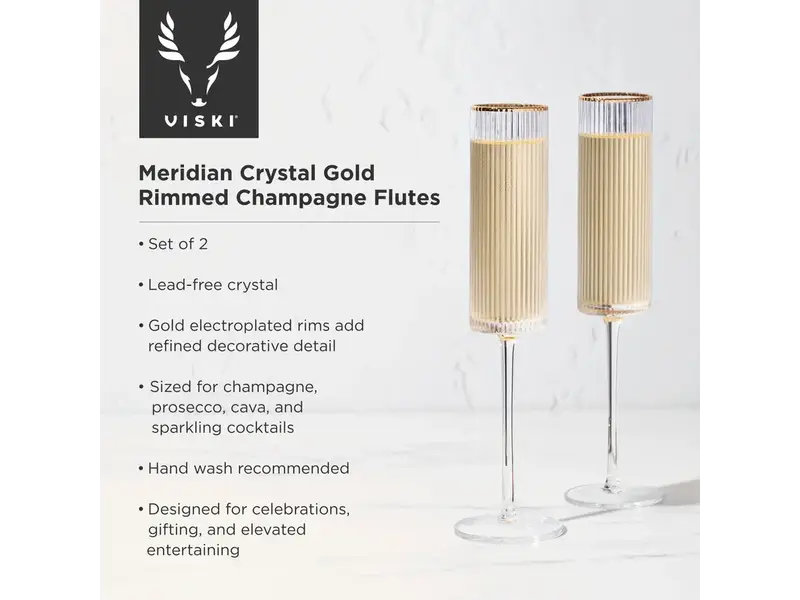 Viski Gold Rimmed Meridian Crystal Champagne Flutes, Set of 2