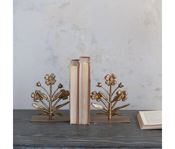 Cast Iron Flower Shaped Bookends, Gold Finish, Set of 2