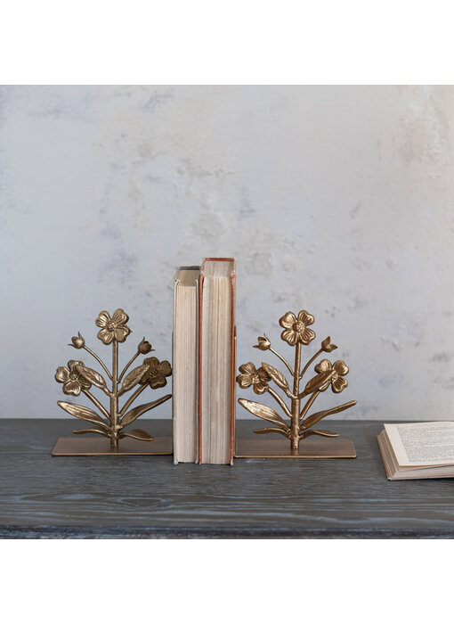 Cast Iron Flower Shaped Bookends, Gold Finish, Set of 2