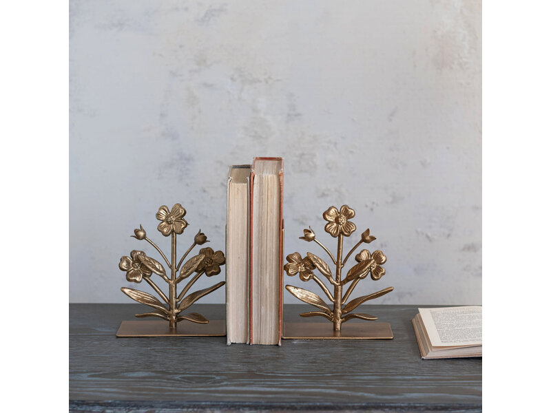 Creative Co-OP Cast Iron Flower Shaped Bookends, Gold Finish, Set of 2