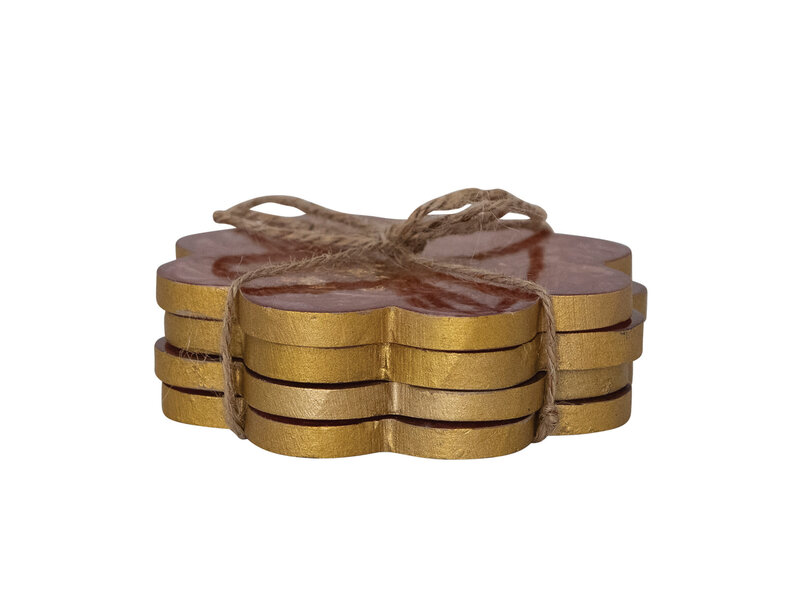 Creative Co-OP Flower Shaped Coasters with Gold Foil, Set of 4 Tied with Jute (Each One Will Vary)