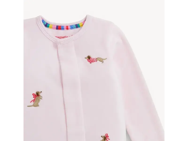 Magnetic  Me Embroidery Dogs Pink Velour Footie