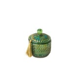 Creative Co-OP 9.5 oz. Embossed Glass Walk In The Woods Scented Jar Candle with Lid & Gold Color Tassel