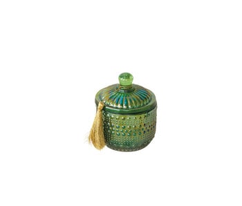 9.5 oz. Embossed Glass Walk In The Woods Scented Jar Candle with Lid & Gold Color Tassel