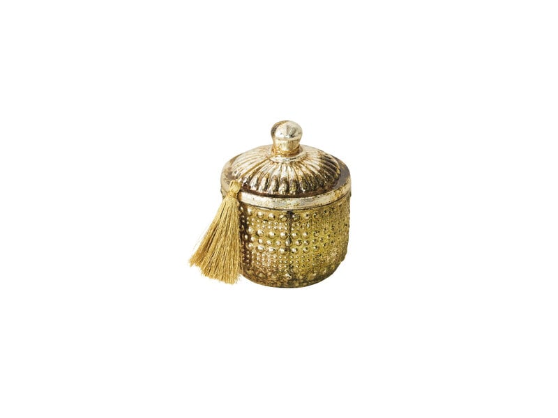 Creative Co-OP 9.5 oz. Embossed Glass Frosted Woods Scented Jar Candle with Lid & Gold Color Tassel