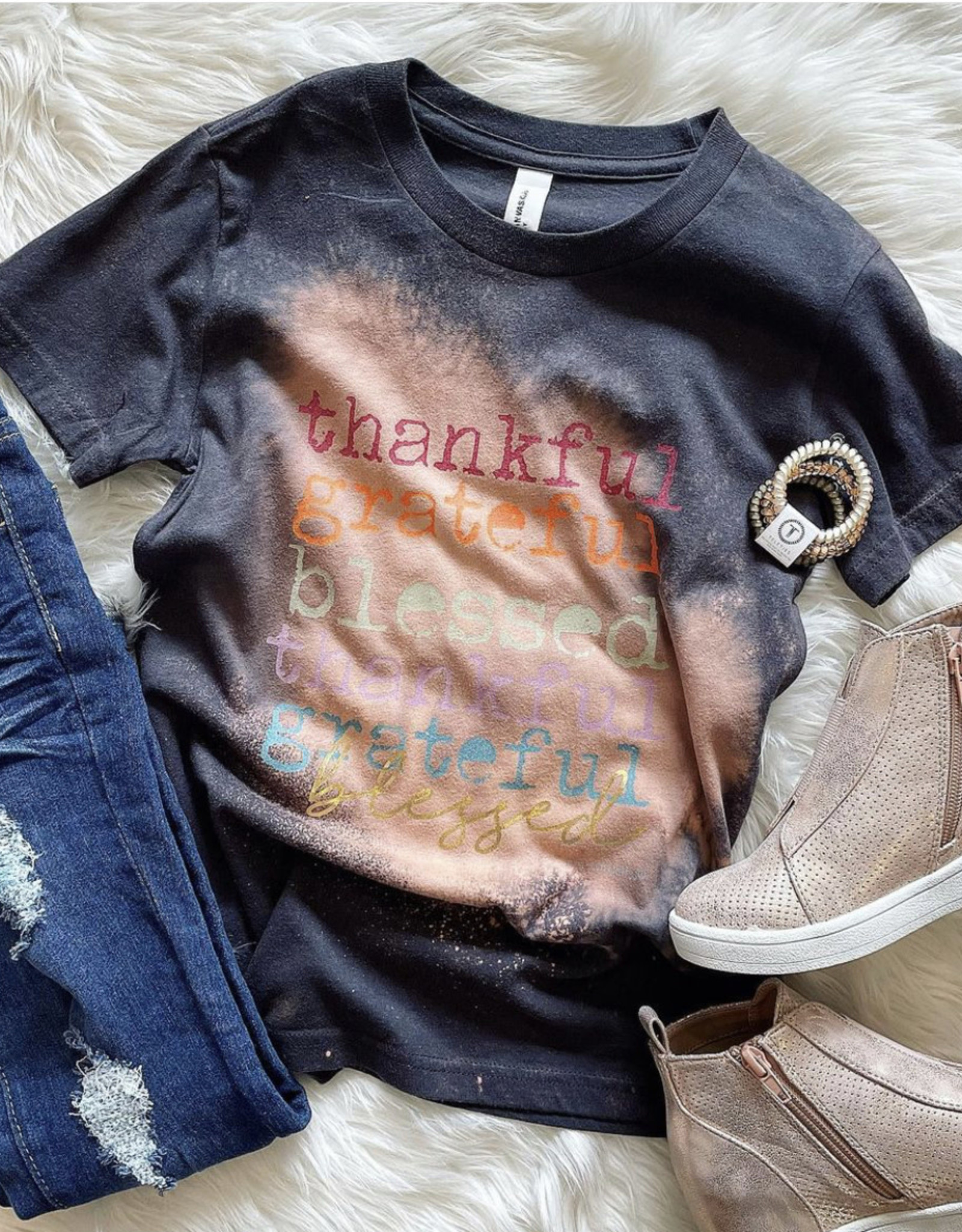 Thankful Grateful Bleached Tee in Grey
