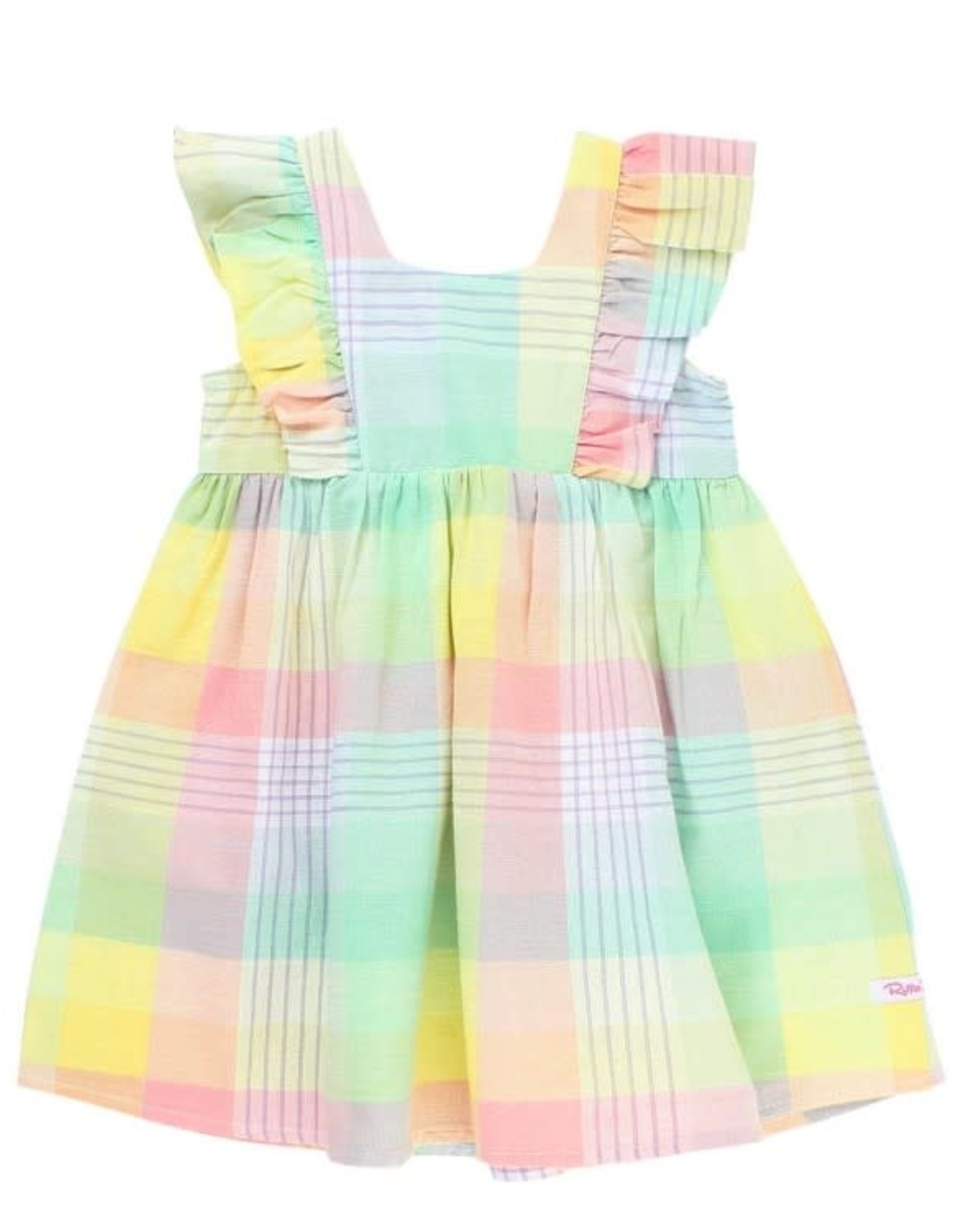 RuffleButts Cheerful Rainbow Plaid Ruffle Dress
