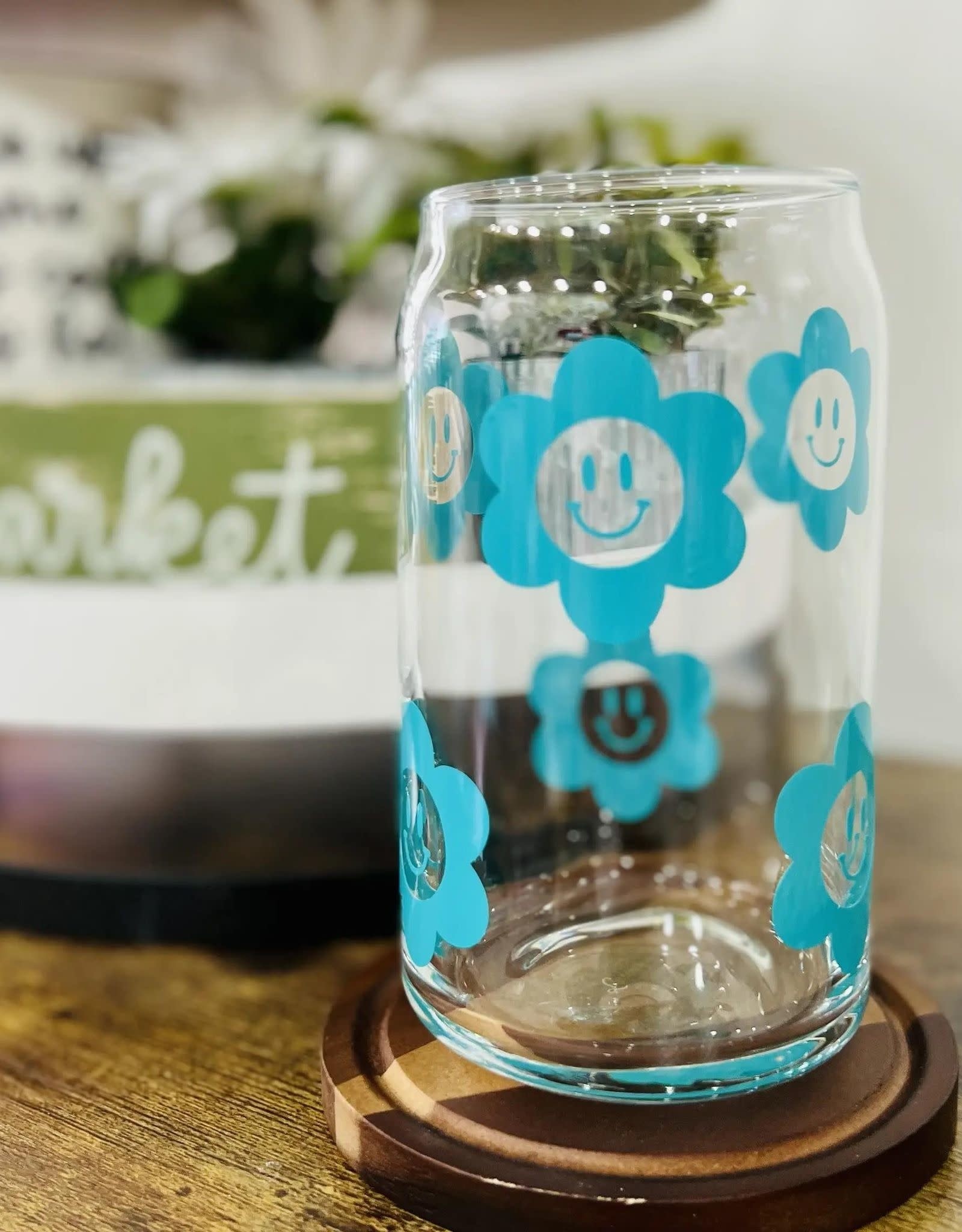Turquoise Flower Smiley Can Glass Cup