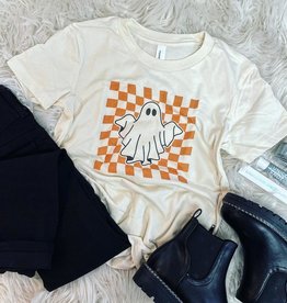Checkered Spooky Halloween Ghost Tee in Cream