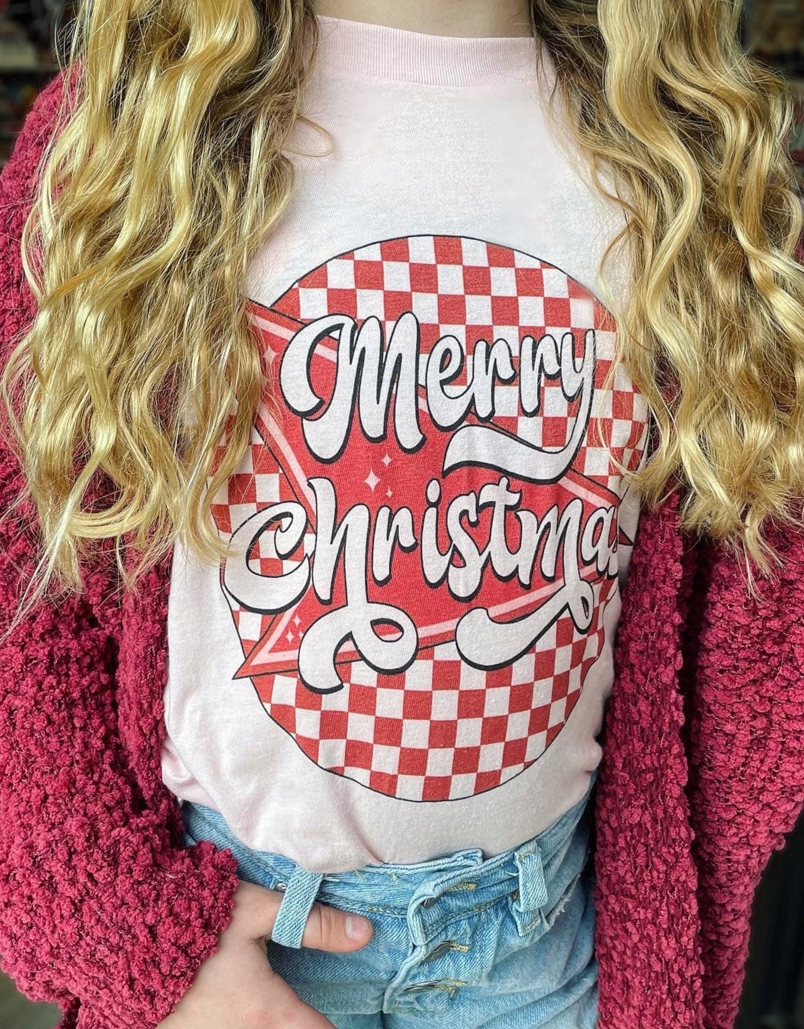 Merry Christmas Checkered Tee in Pink
