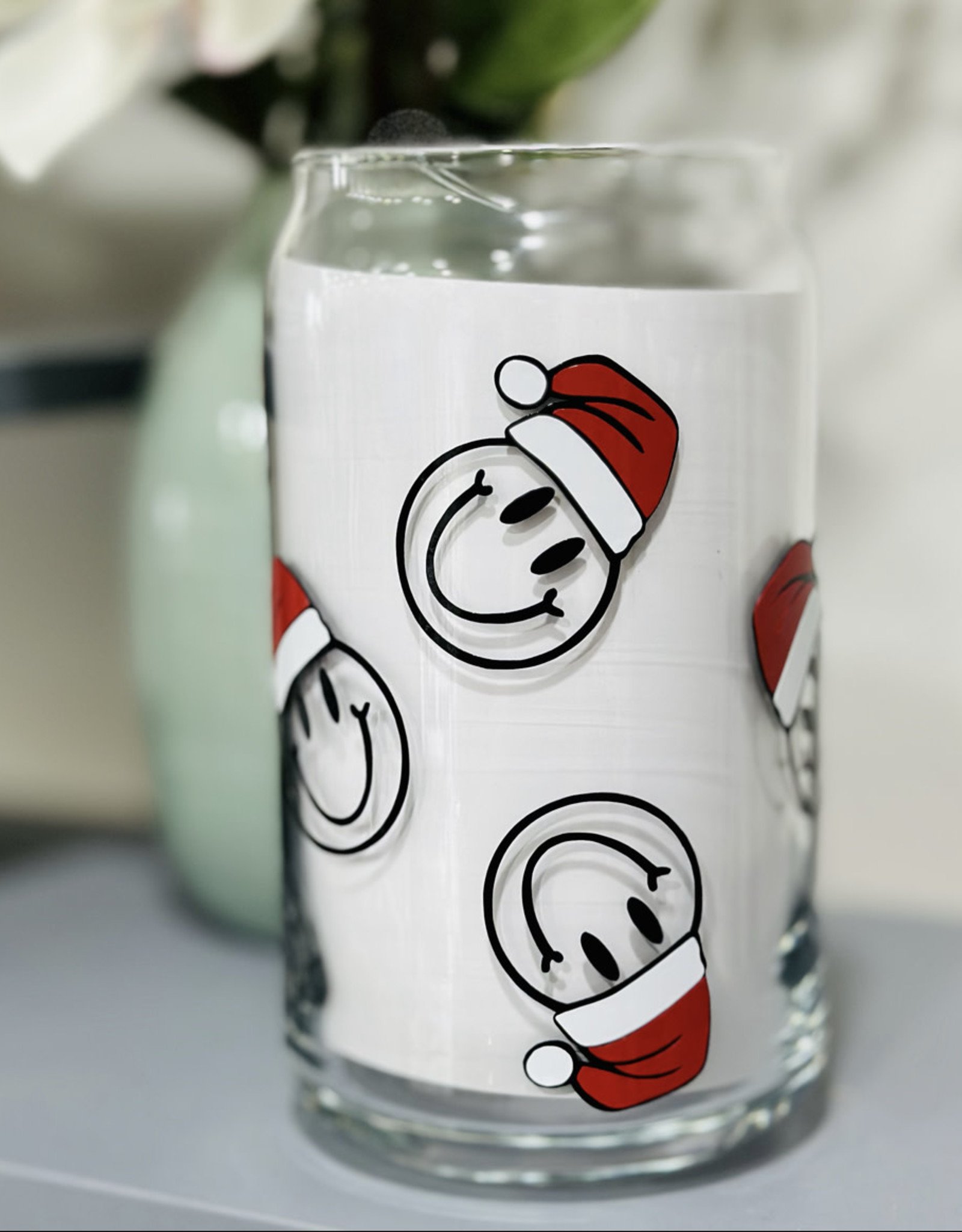 Christmas Santa Smile  Face Can Glass Cup