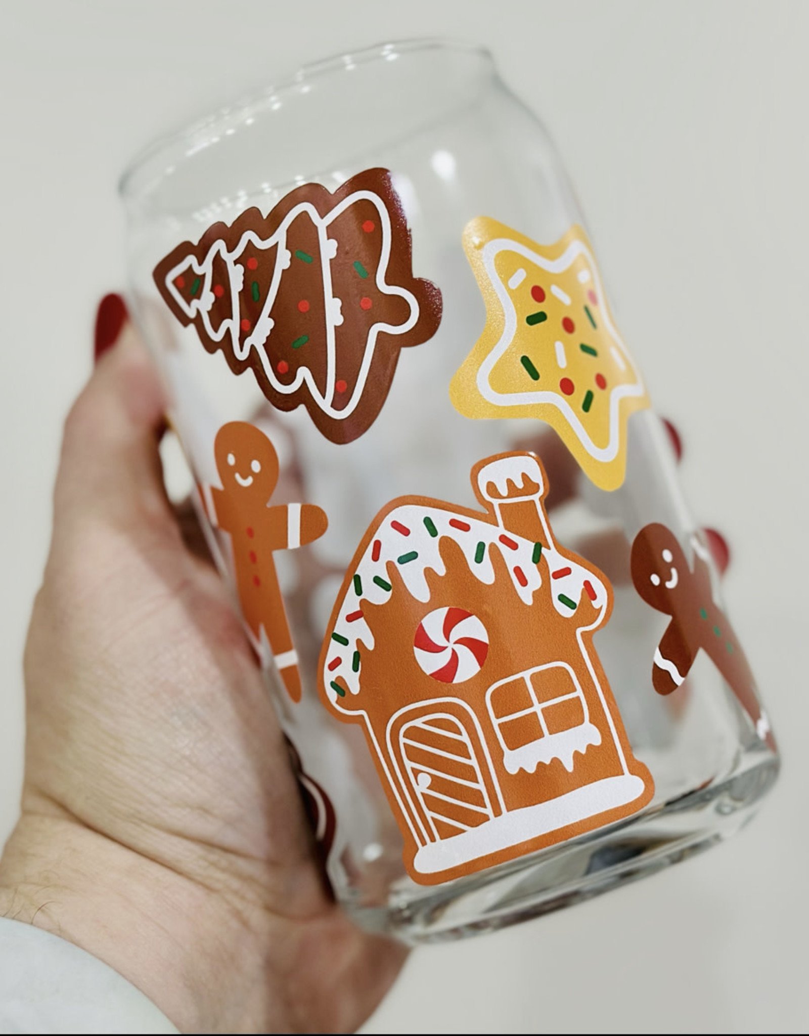 Christmas Gingerbread Man Can Glass Cup, Gingerbread Man Iced Coffee Glass,  Christmas Glass Cup, Holiday Iced Coffee, 16 Oz Libbey Glass Can 