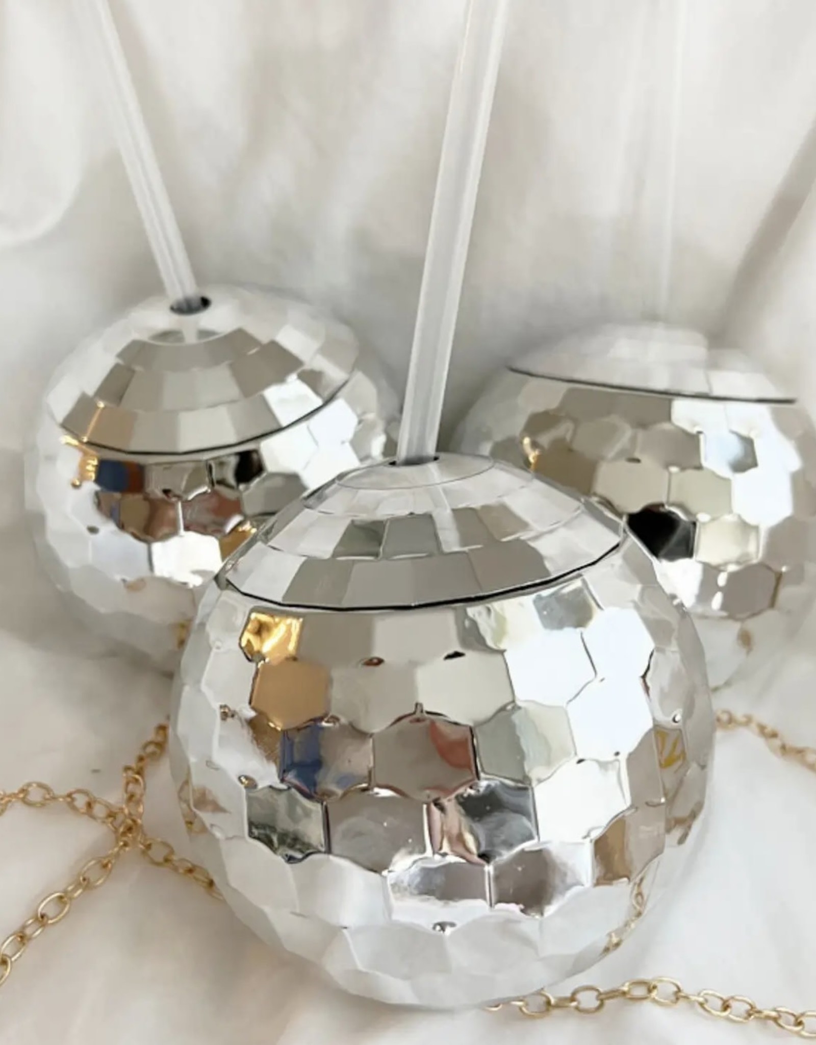 Disco Ball Cup with Clear Straw in Silver