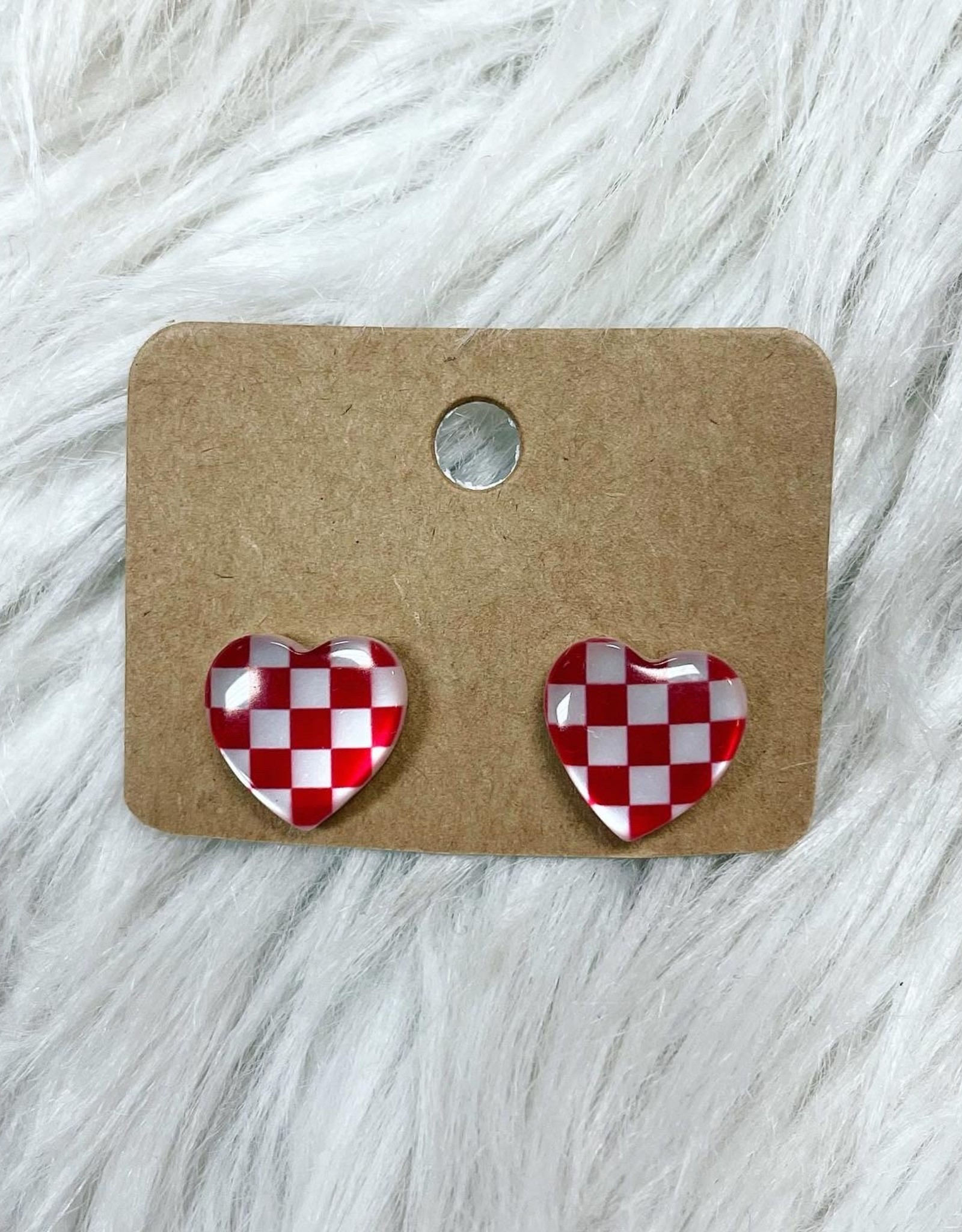 Checkered Heart  Studs in Red