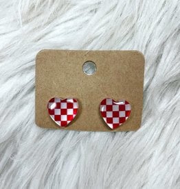 Checkered Heart  Studs in Red