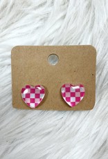 Checkered Heart  Studs in Pink