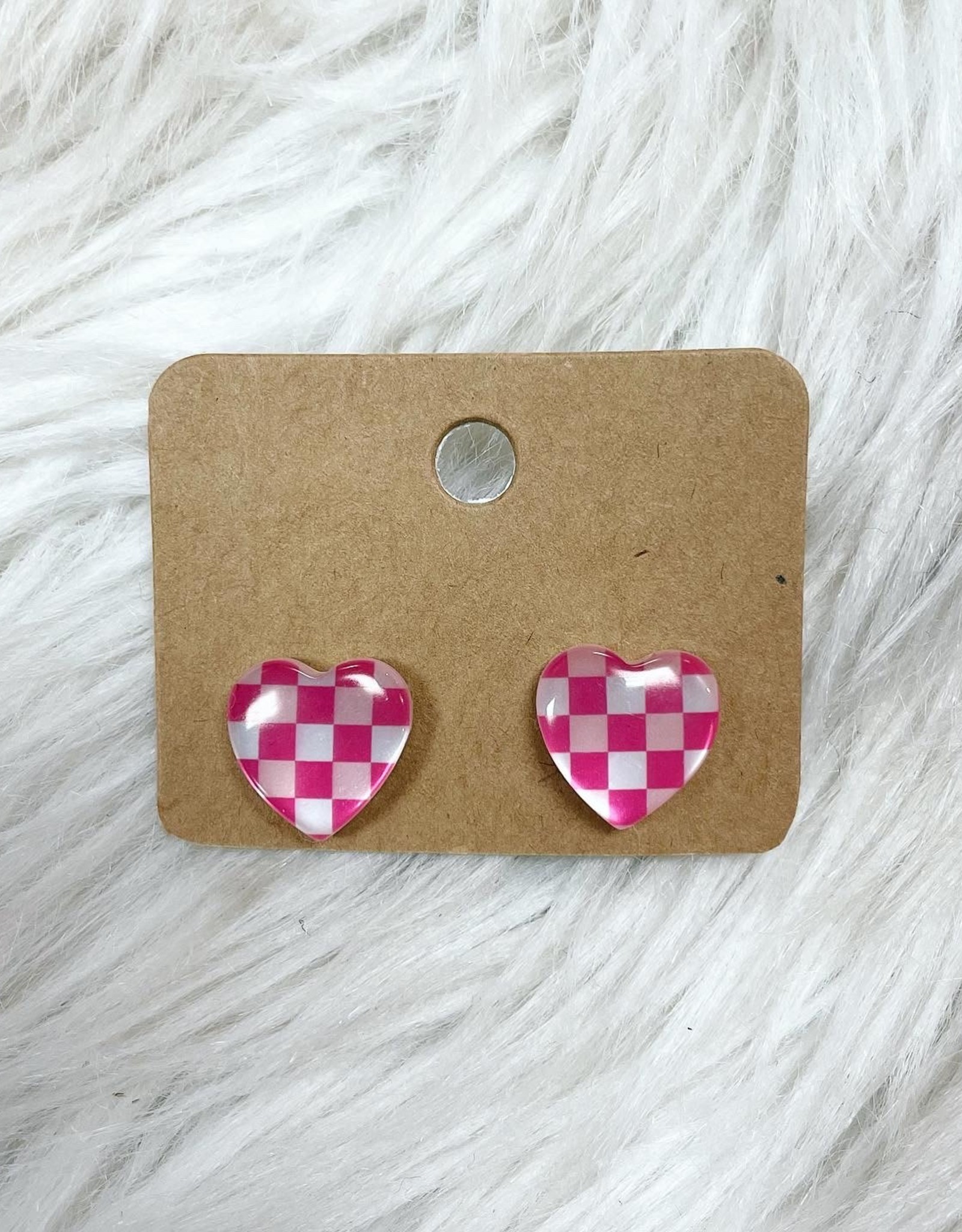 Checkered Heart  Studs in Pink