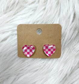 Checkered Heart  Studs in Pink