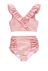 RuffleButts Pink Seersucker Tween Ruffle V-Neck Bikini Swim