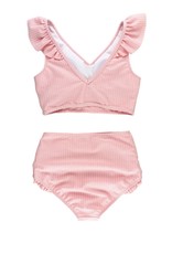 RuffleButts Pink Seersucker Tween Ruffle V-Neck Bikini Swim