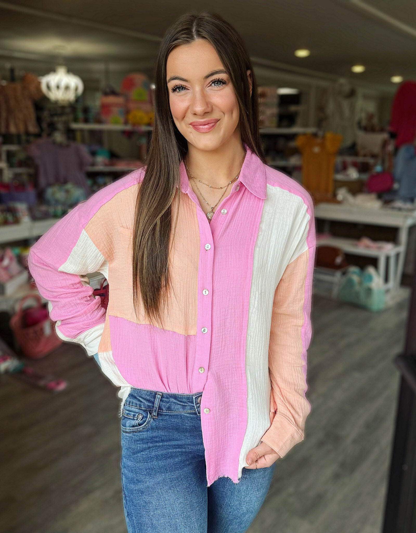 Natalie ColorBlock Button Down Shirt in Pink